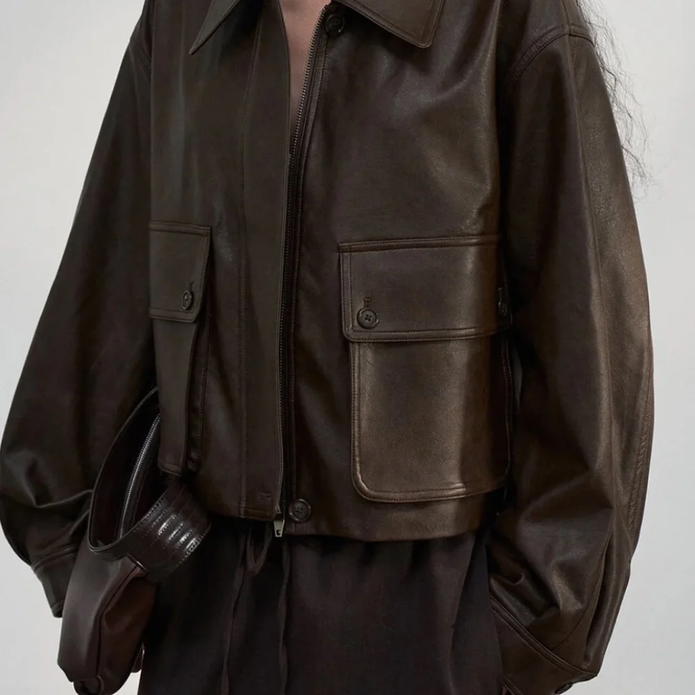 Pixie Market Brown Faux Leather Crop Bomber Patch Pocket Jacket NWT One Size - Picture 3 of 12